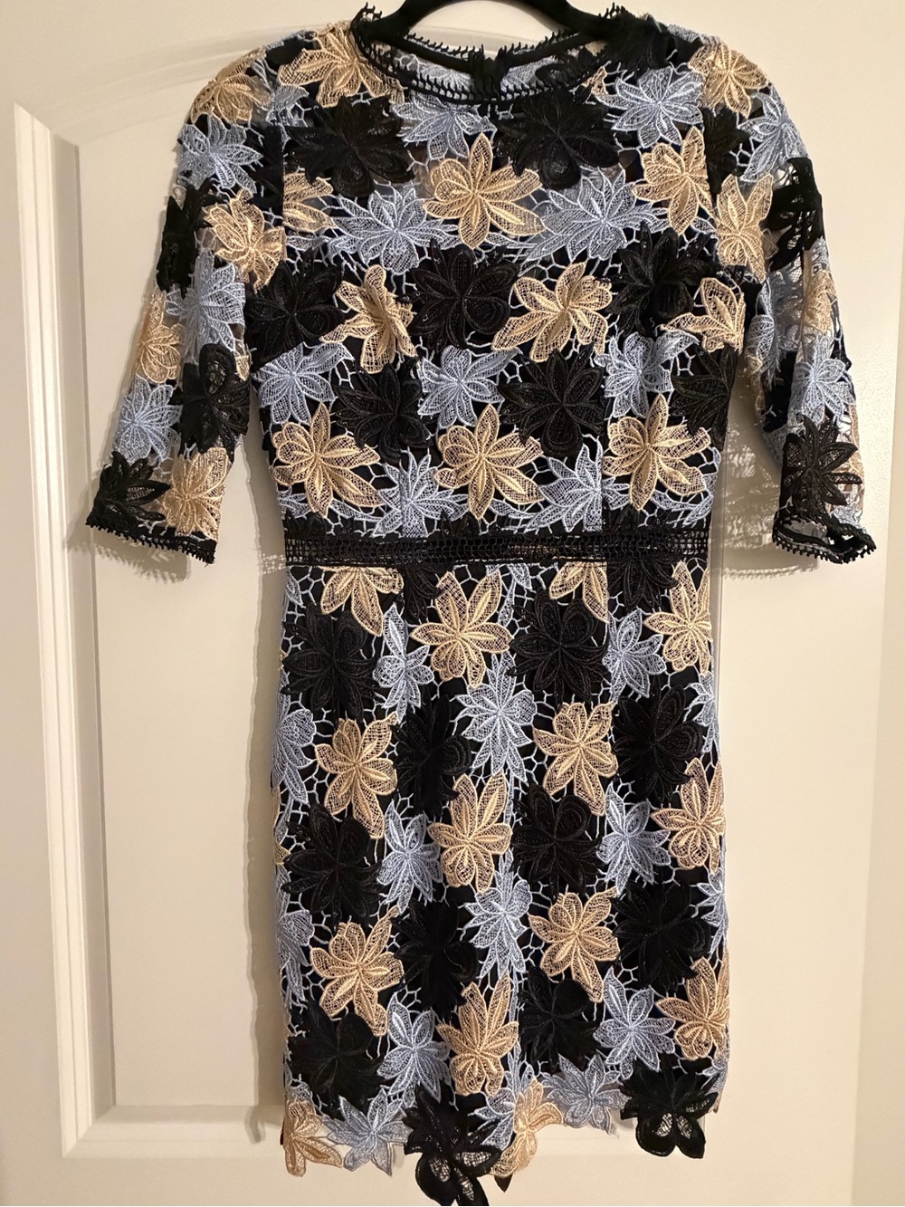 Minuet Women’s Floral Lace Midi Dress in Black, Light Blue & Beige